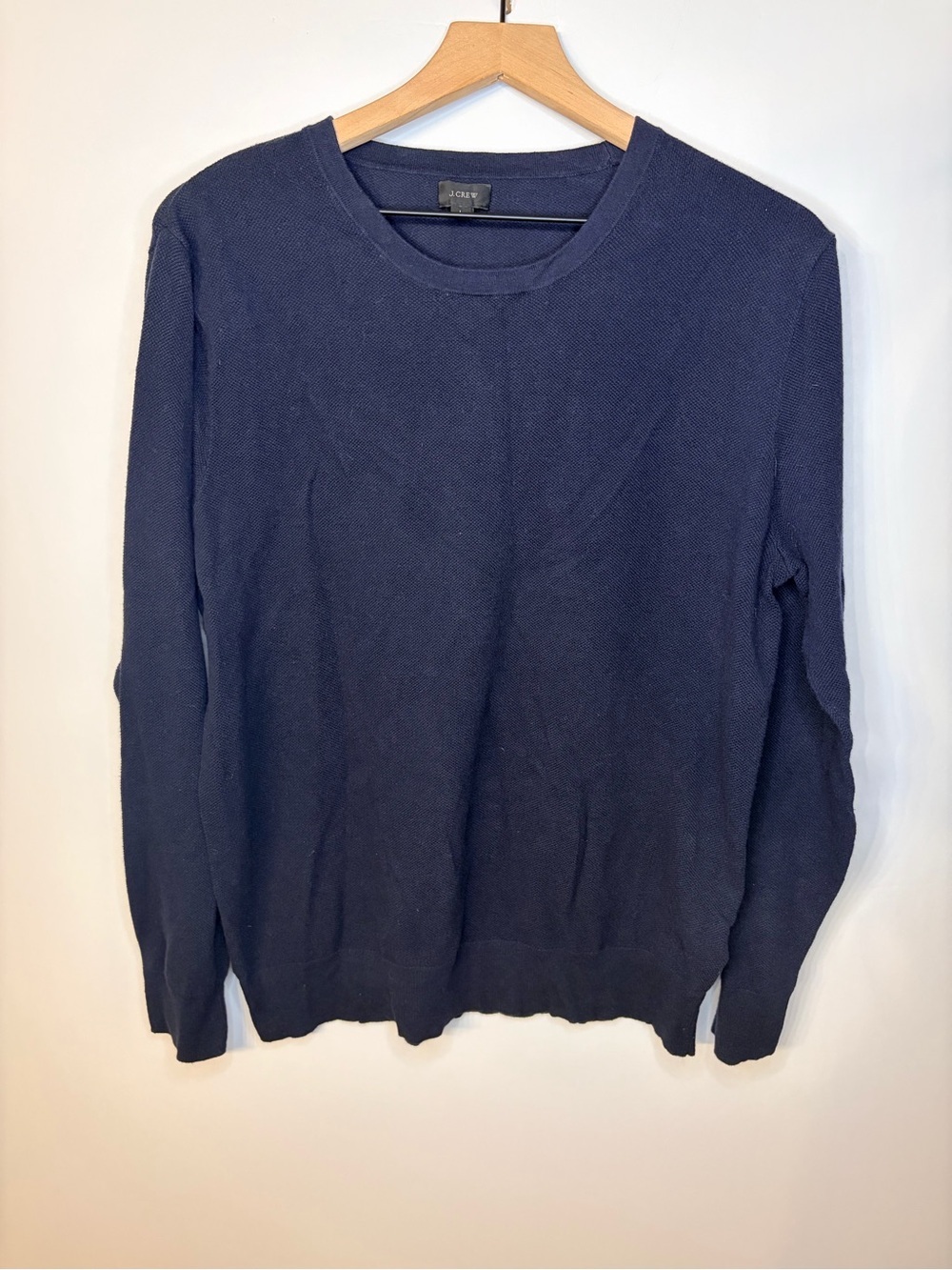 J.Crew Men’s Navy Blue Cotton-Cashmere Piqué Crewneck Sweater, Size Large